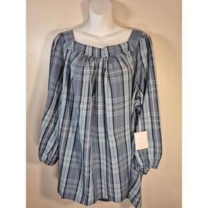Lauren Conrad Square Neck Peasant Blouse Women 3X Blue Plaid 3/4 Sleeve,Bohemian